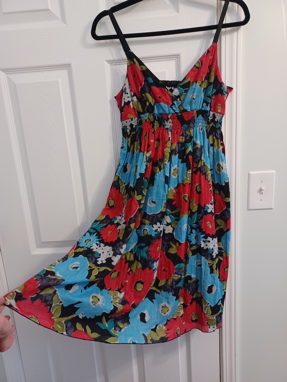 All-over Floral Print Black Dress with Red Turquoise and Olive Adjustable Strap